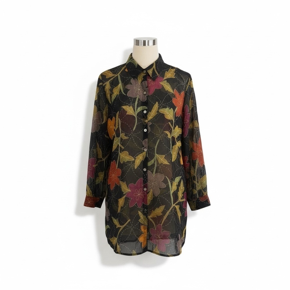 Chico’s Vintage Silk Sheer Floral Embroidered Tunic Top Size 1 (L) Boho Artsy